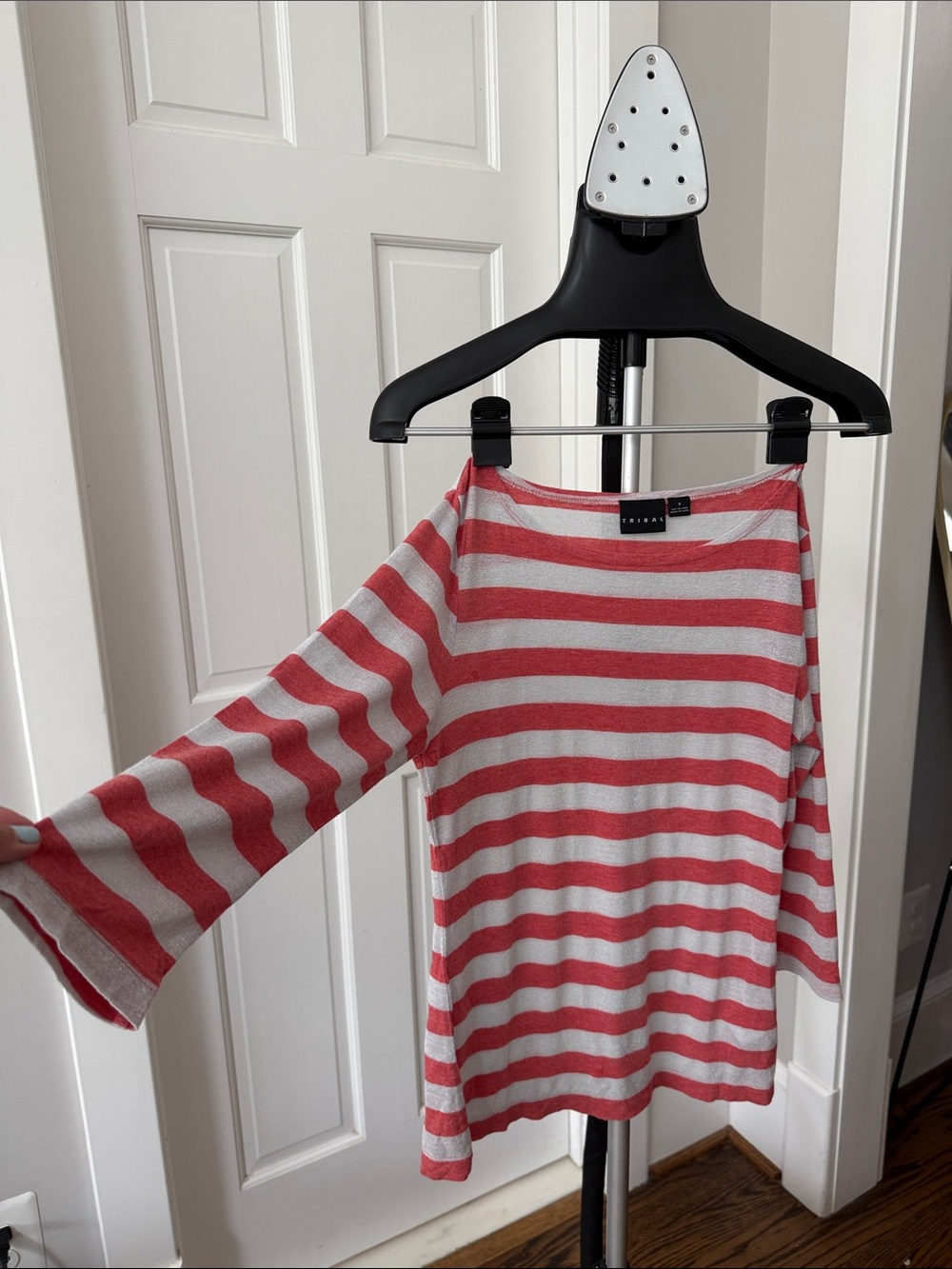Tribal Pink and White Striped Boatneck Knit Top